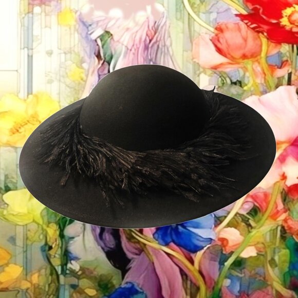 Vintage GEO. W. BOLLMAN Couture Delicate Feather Trim Black Wool Hat